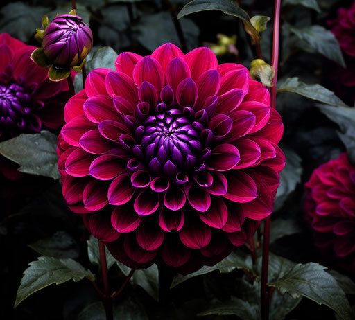 Purple dahlia flower blooming in a garden, dark red tones