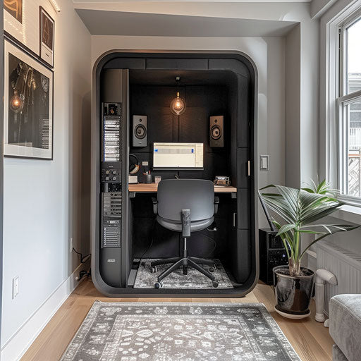 Home office with soundproof booth for video calls, podcasts, or music
