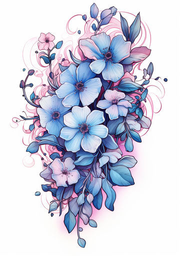 Blue and pink flowers, outlined art style, colorized 45:64
