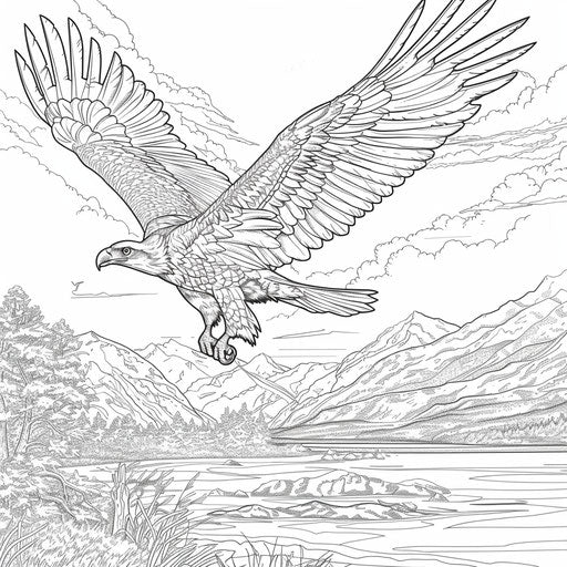 Eagle flying over a lake with mountains in the background