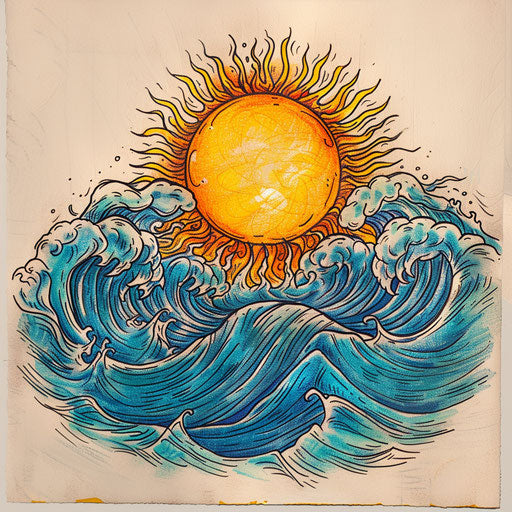 Nautical tattoo sketch of a rising sun with deep blue sea waves and a bright yellow sun