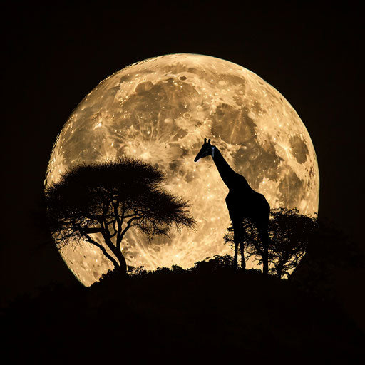 Giraffe silhouette on full moon, hill and acacia trees