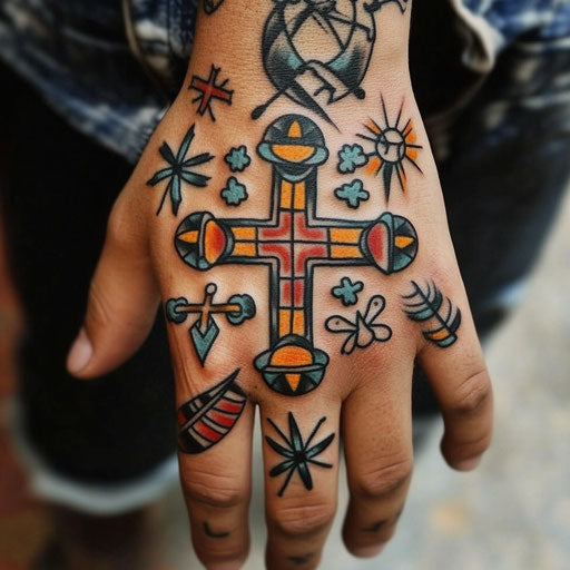 Cross tattoo with nautical symbols on hand