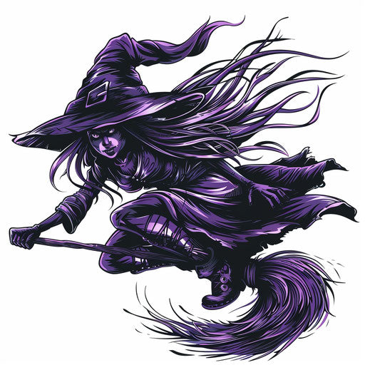 Mischievous cartoon witch riding broom