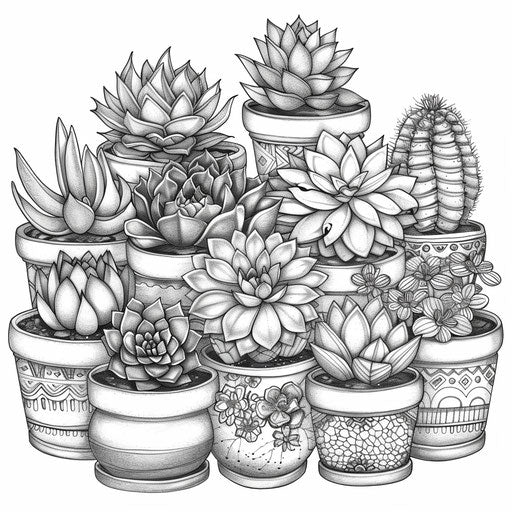 Succulent plants in terracotta pots with intricate designs. Coloring book page