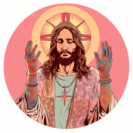 Jesus in tattoos displaying hand gesture