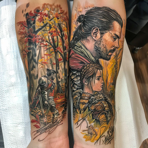 Father and daughter tattoos with heroic elements