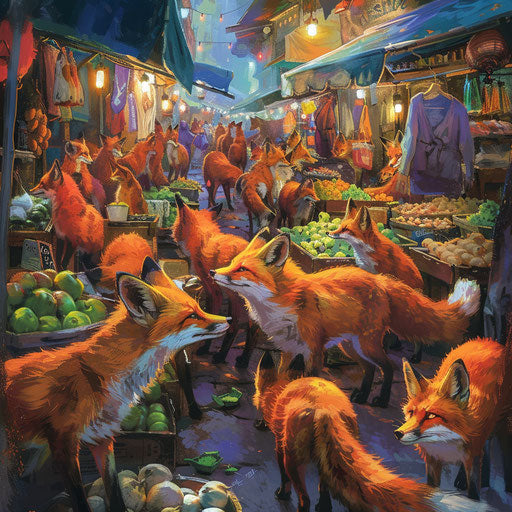 Foxes in a vibrant market