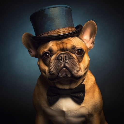French bulldog in top hat, light navy and amber style