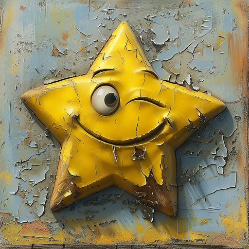 Yellow smiling star with open eye, emotionally complex characters style