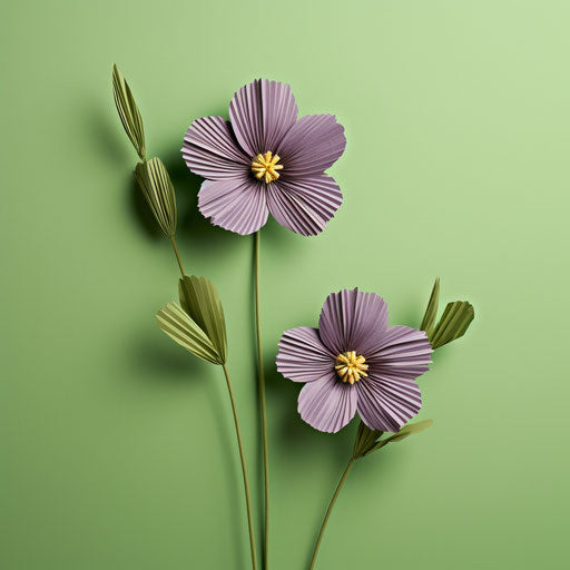 Two purple flowers on green background, natural materials, paleocore, sleek