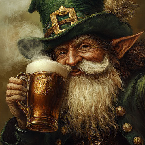 Leprechaun drinking beer, detailed face and beard, green hat with gold accents, wearing dark coat over white hair, holding oversized tankard filled with Guinness Irish brown ale, fantasy art style