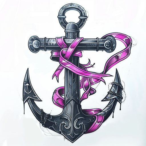 Anchor with pink ribbon tattoo on white background