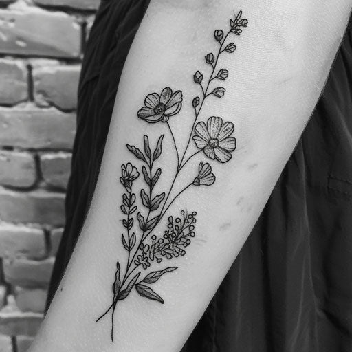 Bold-lined blackwork wildflower tattoo, stylized