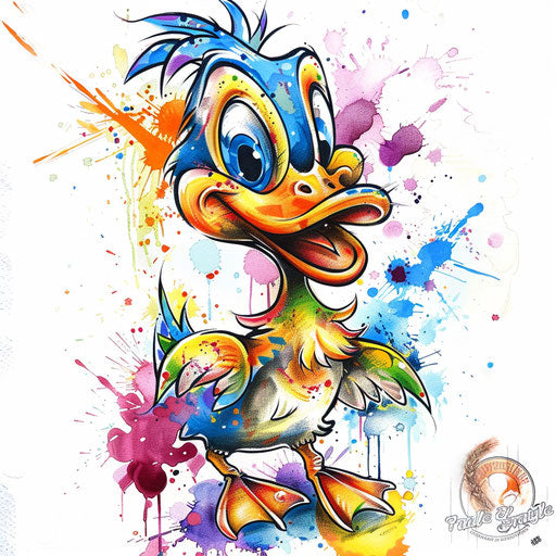 Whimsical cartoon duck tattoo design in bright colors