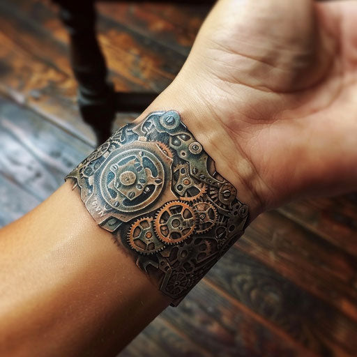 Clockwork wrist tattoo with Steve Sack style gears