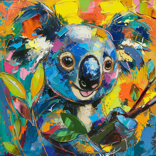 Koala caught in a candid pose, adding a humorous touch, bright and lively setting.