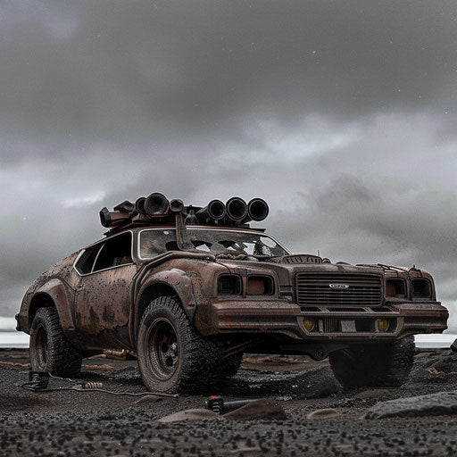 Post-apocalyptic 1976 Chevrolet Malibu Classic with armored plating and survival gear