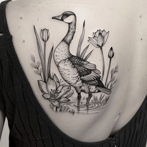Elegant flat tattoo sketch of a goose surrounded by cattails and water lilies