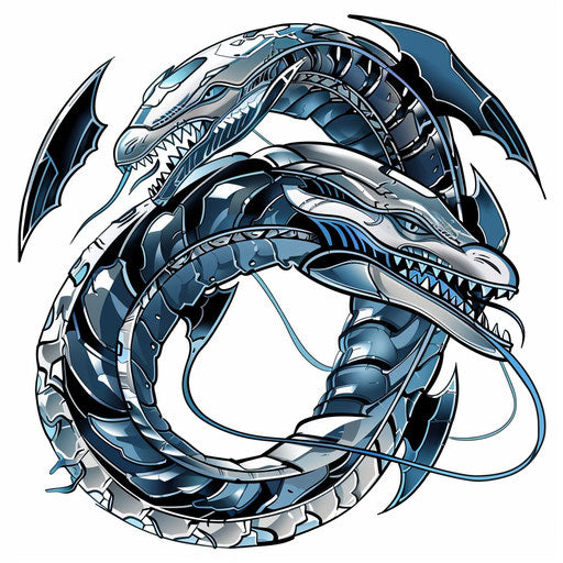 Futuristic flat tattoo sketch of a cybernetic serpent, metallic silvers and blues, clipart style