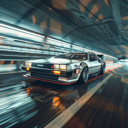 Underground race of a custom 1981 DeLorean DMC-12 in city tunnel