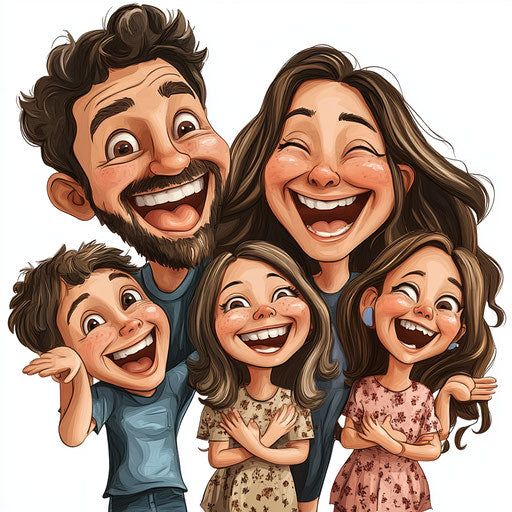Humorous caricature of a family with exaggerated human features