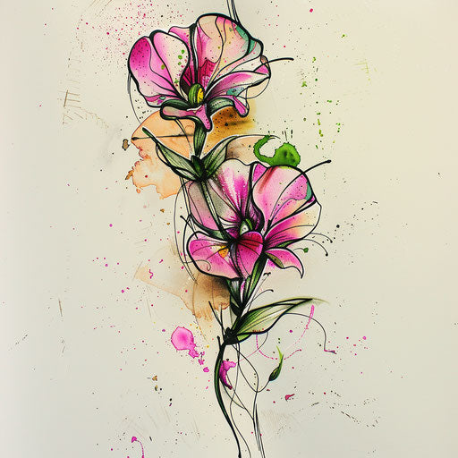 Bold and colorful tattoo sketch of a sweet pea with watercolor
