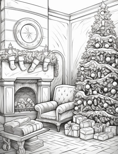 Coloring of a Christmas tree by the fireplace