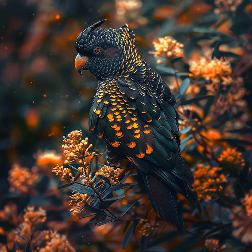 Yellow-tailed black cockatoo perched on a flowering bush