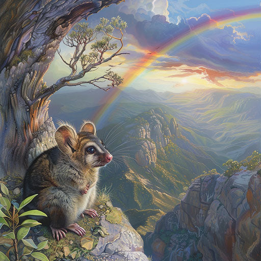 Mountain pygmy possum gazing at rainbow over valley