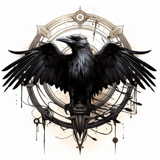 Raven flying in circle on white background, tattoo style