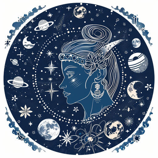 Mystical flat tattoo sketch of Venus surrounded by celestial symbols, deep space blue