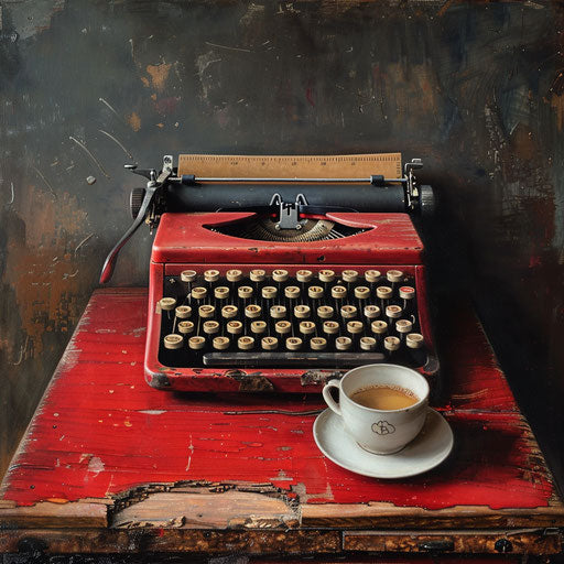 Elegantly arranged still life of a vintage typewriter and a fresh cup of coffee
