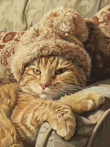 Blonde cat with brown furry hat on couch cushion