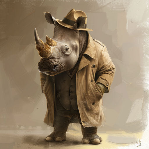 Rhinoceros detective in trench coat and fedora solving mysteries