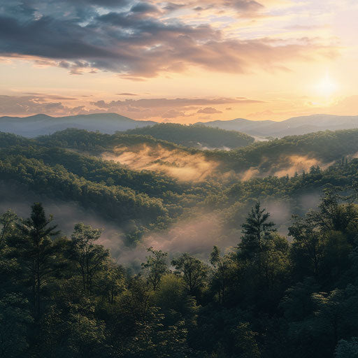 HD Realistic Photograph of Appalachian Mountain Vista at Sunset with Mist in the Valley