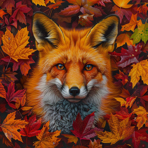 Red fox among vibrant and colorful autumn leaves