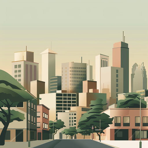 City clipart with a flat, muted olive background