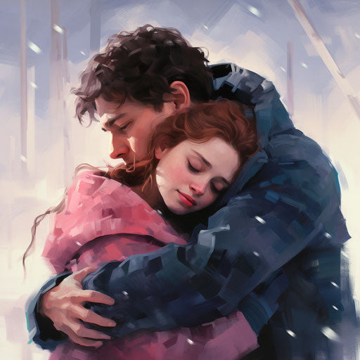 Young couple embracing, snow style, soft shading, dark pink dark cyan