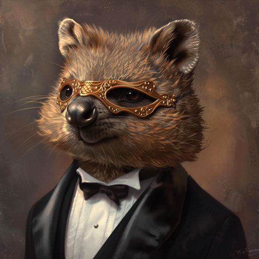 Quokka at masquerade ball, with elegant mask and tiny tuxedo
