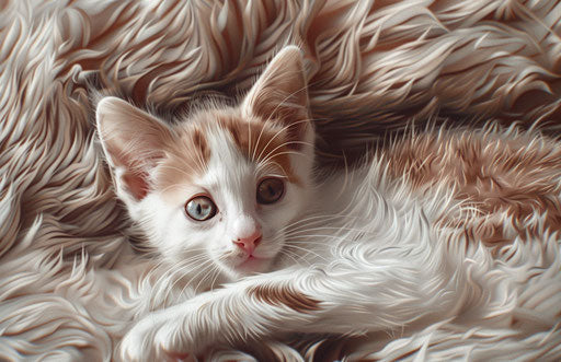 Kitten lying on fur, in the style of carpetpunk, light pink and white