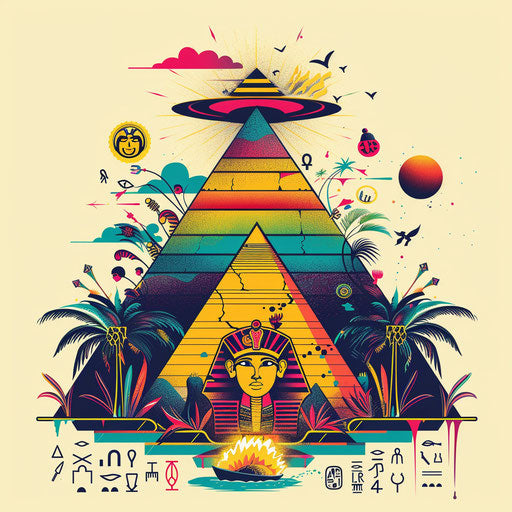 Vibrant tattoo sketch of an Egyptian pyramid surrounded by hieroglyphs in a flat design