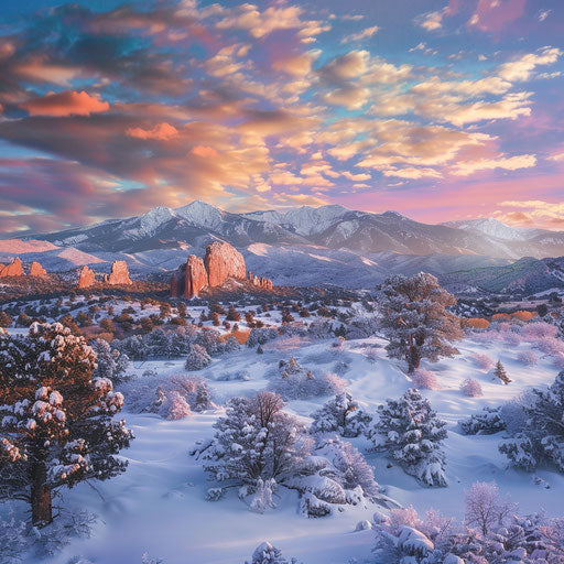 Garden of the Gods park in Colorado Springs covered in snow with Pike's Peak visible in the background at sunset with pastel colors