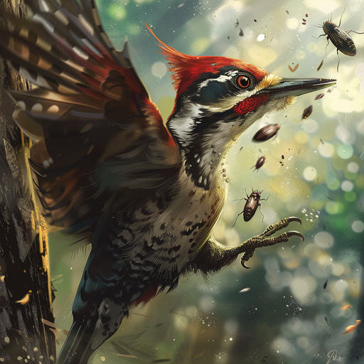 The woodpecker catching insects in mid-air