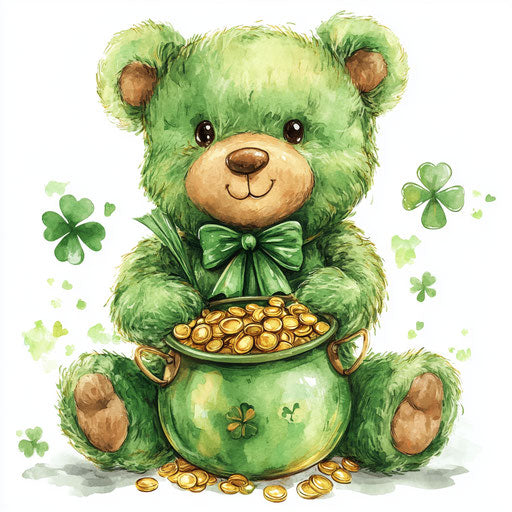 Green teddy bear with pot of gold, cute clipart