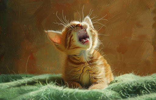 Kitten yawning on green carpet in bedroom, light orange and light crimson style, loose paint, creative commons, frayed, group f/64, mallgoth, masculine 17:11