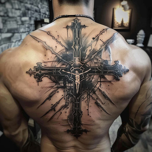 Dark and gritty symbolic cross tattoo for men