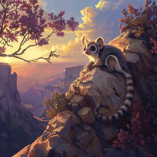 Sugar glider enjoying the golden light of sunrise on a mountain vista