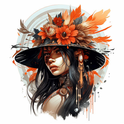 Woman with Indian hat and red flower, noir comic art style