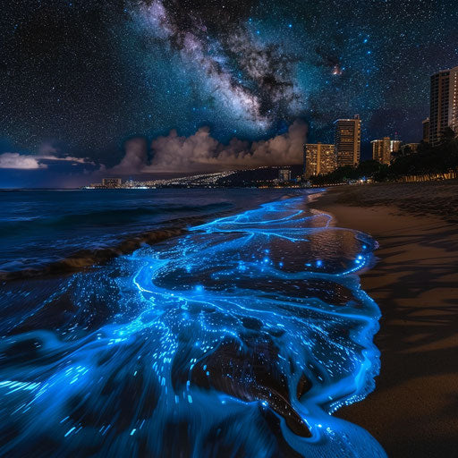 Waikiki night with starry sky and bioluminescent waves